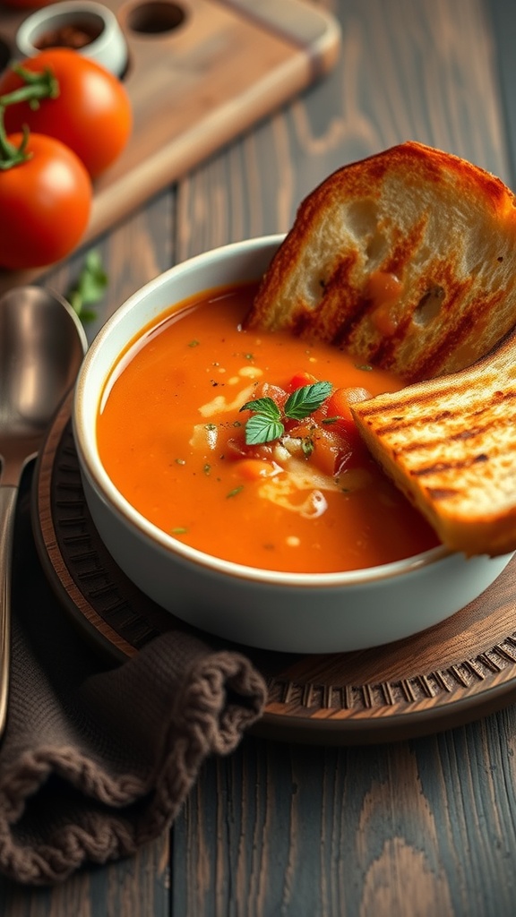 A bowl of creamy tomato soup with a grilled cheese sandwich, garnished with fresh herbs, on a wooden table.