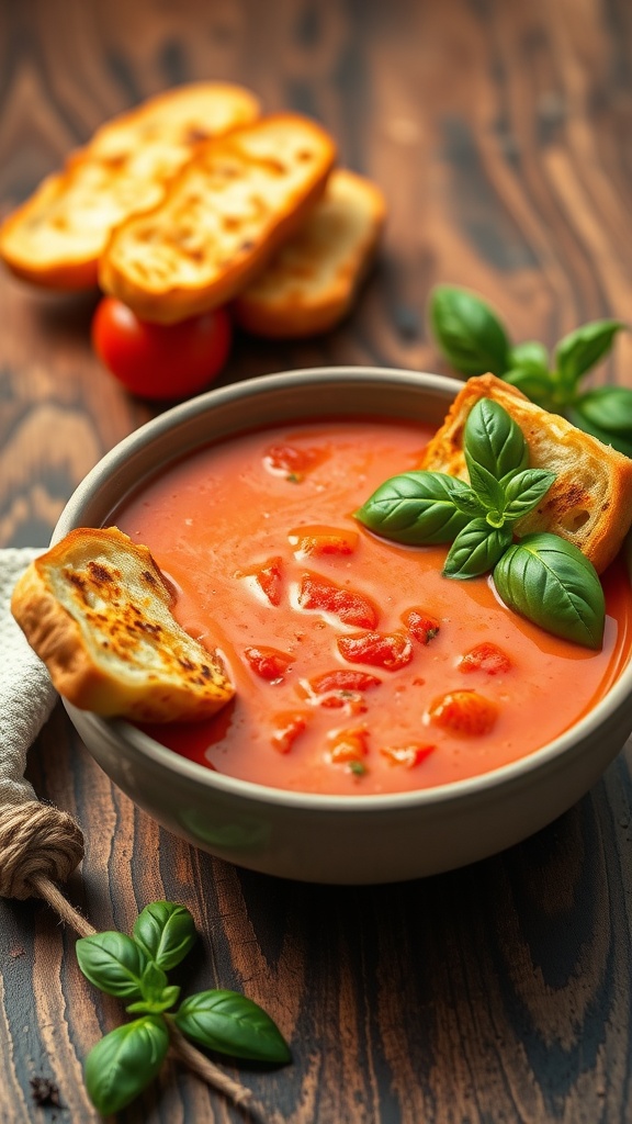 A bowl of creamy tomato soup garnished with basil leaves, accompanied by grilled cheese dippers on the side.