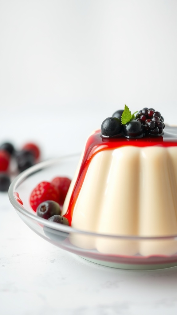 A delicious dessert of creamy vanilla panna cotta topped with berries.