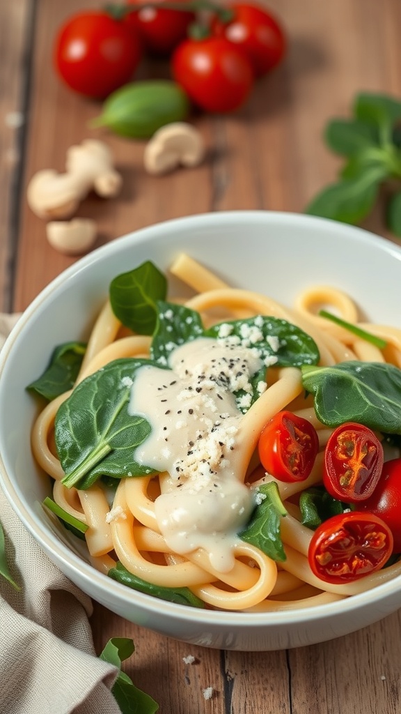 A bowl of creamy vegan pasta with spinach and cherry tomatoes.