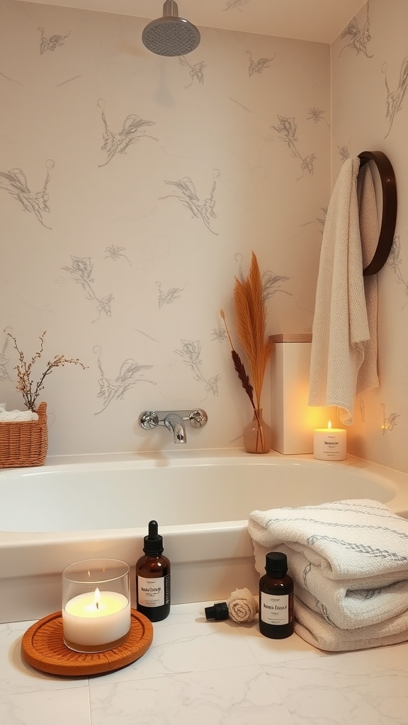 A serene bathroom setup with candles, essential oils, and neatly stacked towels for a home spa experience.