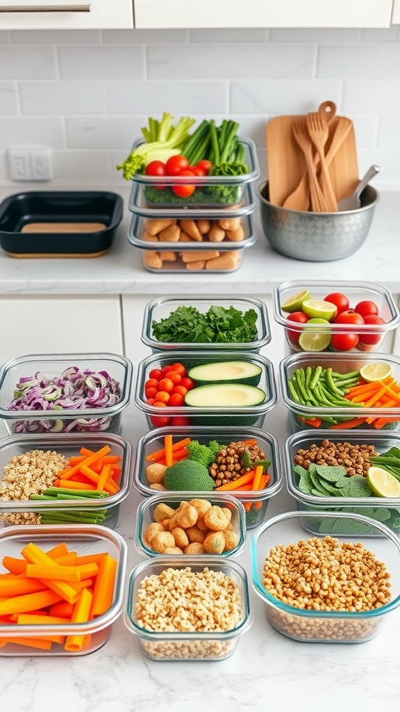 Meal prep containers filled with colorful vegetables, grains, and snacks organized on a kitchen counter.