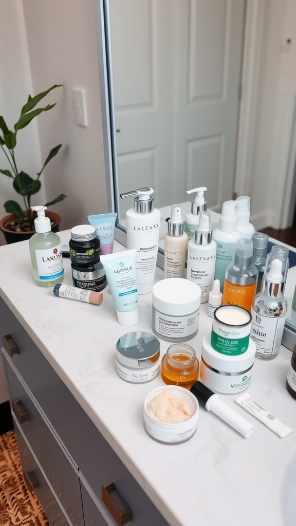 A variety of skincare products on a bathroom counter, showcasing different bottles and jars arranged neatly.