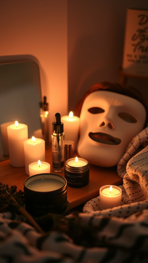 A relaxing evening setup with candles, skincare products, and a calming mask.
