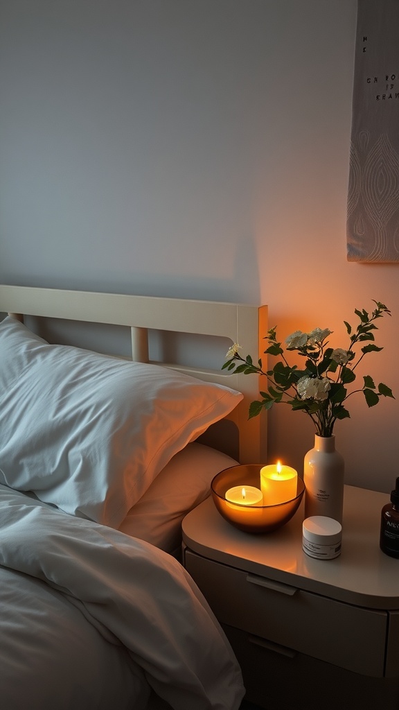 A cozy bedroom with soft lighting from candles, a neatly made bed, and skincare products on a bedside table.