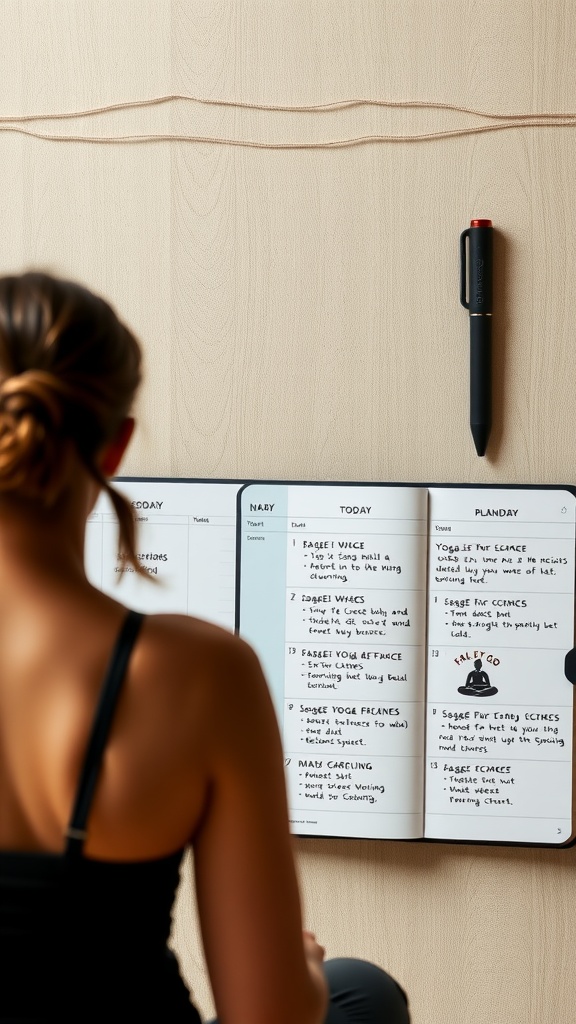 Person reviewing a planner with face yoga exercises and tips for a consistent routine.