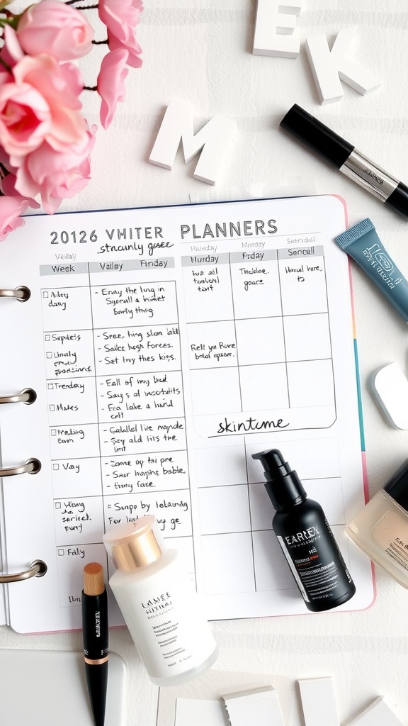 A planner with skincare notes, products, and flowers, showcasing an organized approach to skincare.