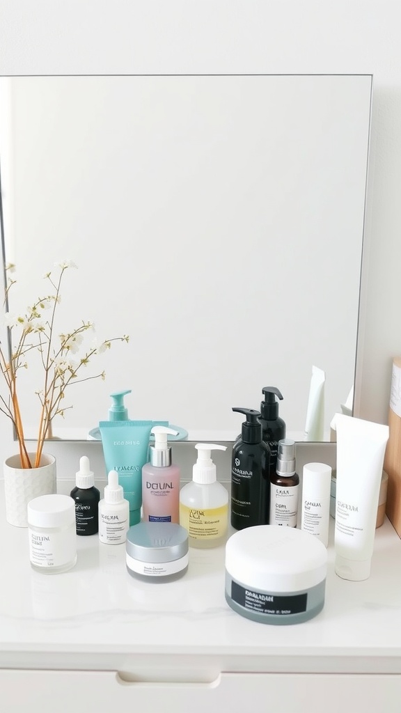 A collection of skincare products on a vanity, including cleansers, serums, and moisturizers.