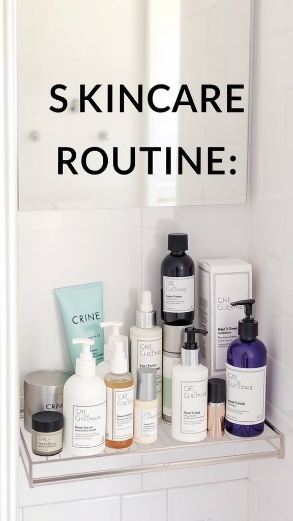 A shelf with various skincare products arranged neatly, emphasizing a skincare routine.