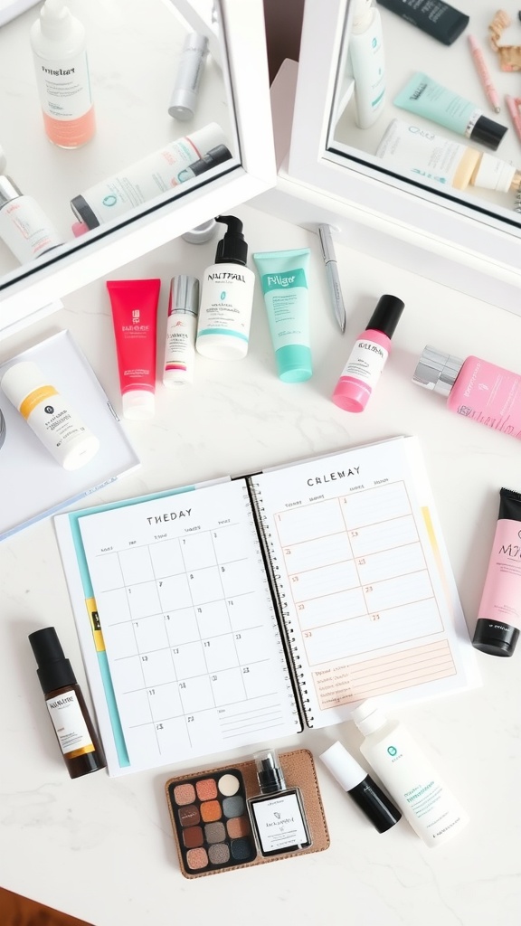 A collection of skincare products and a planner on a surface, highlighting the importance of a consistent skincare routine.