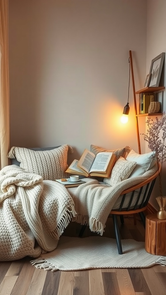 A cozy reading nook with blankets, pillows, a book, and a warm lamp.