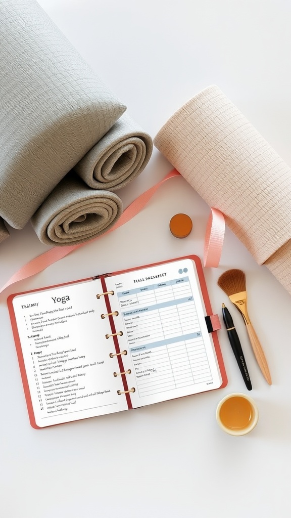Yoga mats, planner with yoga moves, and a brush on a white surface.