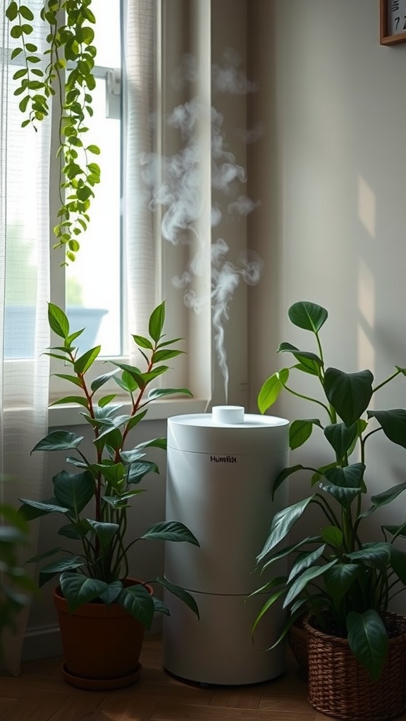A humidifier releasing steam in a room with indoor plants.