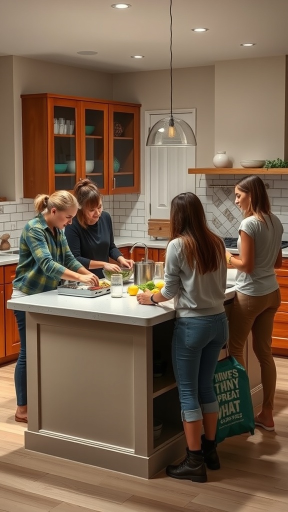 A group of four people preparing meals together in a kitchen.