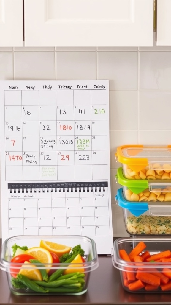 A calendar for meal prep with colorful containers of vegetables and grains.