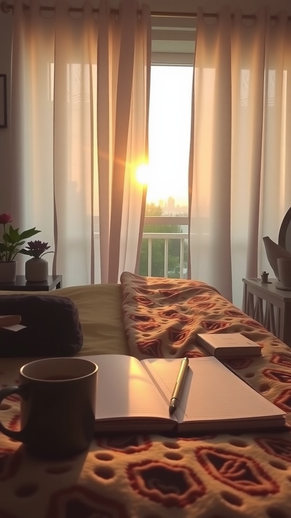 A cozy morning scene with sunlight streaming through curtains, a cup of coffee, and a notebook on a bed.