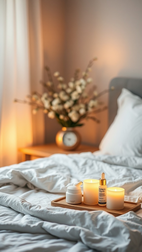 A cozy bedroom scene with candles and skincare products on a tray, creating a relaxing atmosphere.