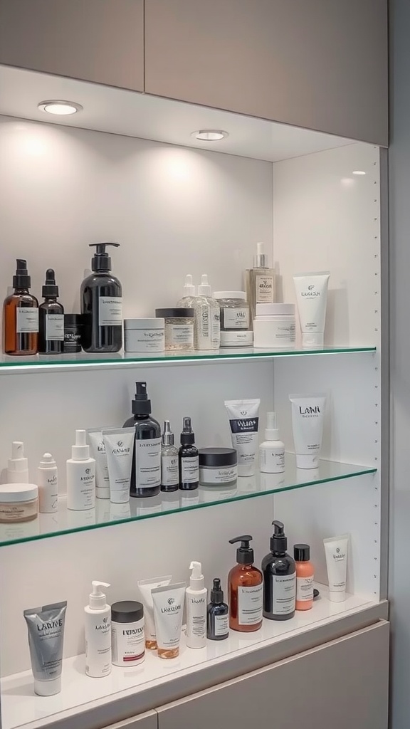 A neatly organized shelf displaying various skincare products, showcasing a range of serums, moisturizers, and treatments.