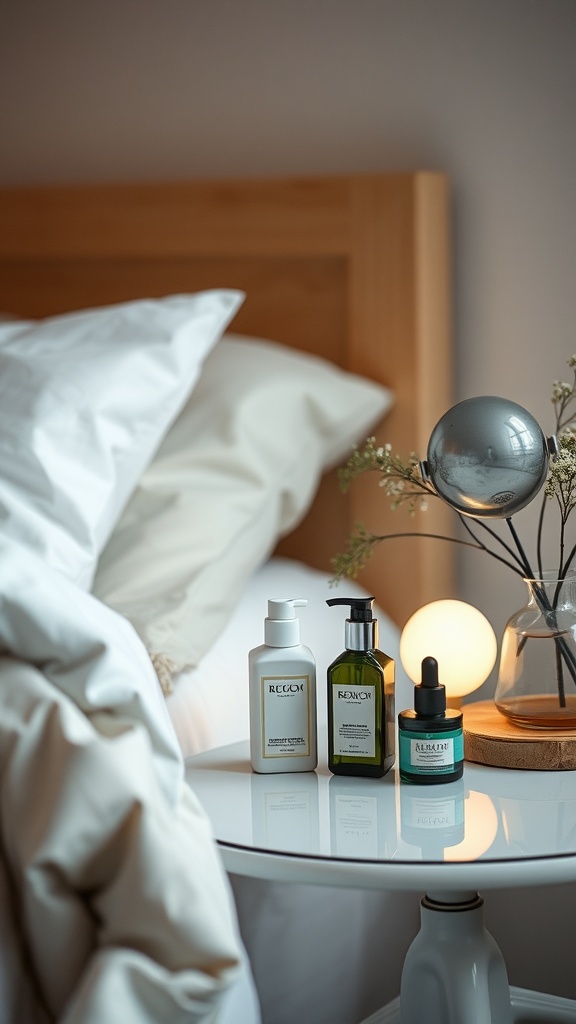 A cozy nightstand with skincare products, including a cleanser, serum, and cream, against a soft bedroom backdrop.