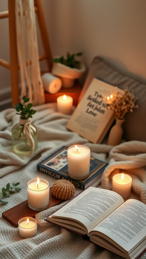 A cozy self-care setup with candles, plants, and an open book.