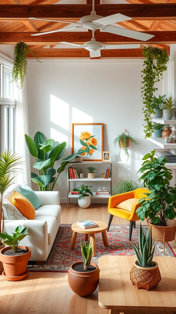 Bright and inviting living room with plants and cozy furniture