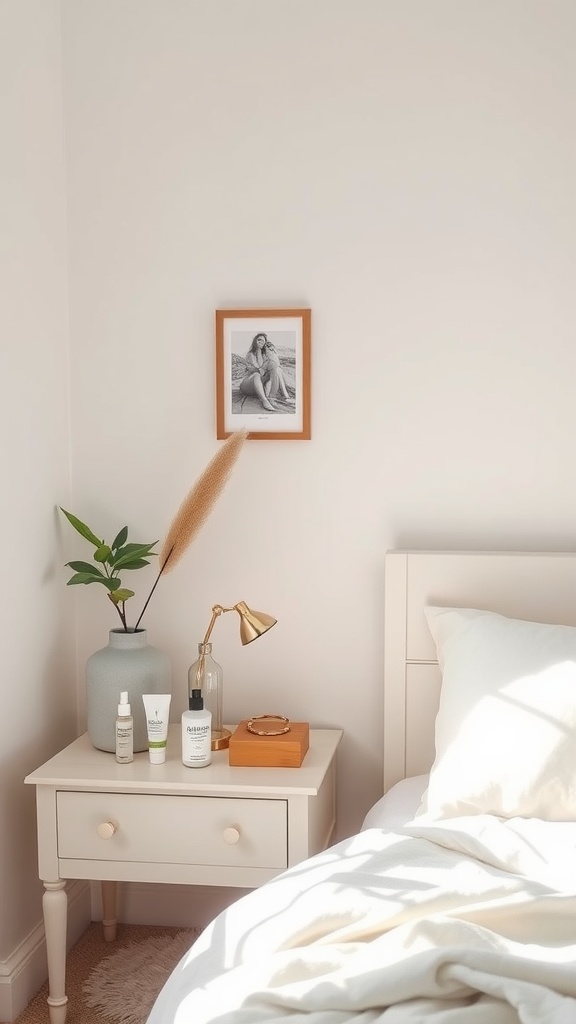 A cozy bedroom setting with a nightstand displaying skincare products, a plant, and a lamp, creating a relaxing atmosphere.