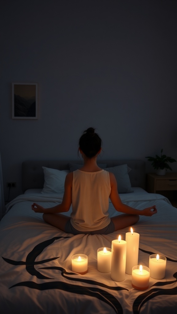 A person meditating on a bed surrounded by lit candles, creating a relaxing nighttime atmosphere.