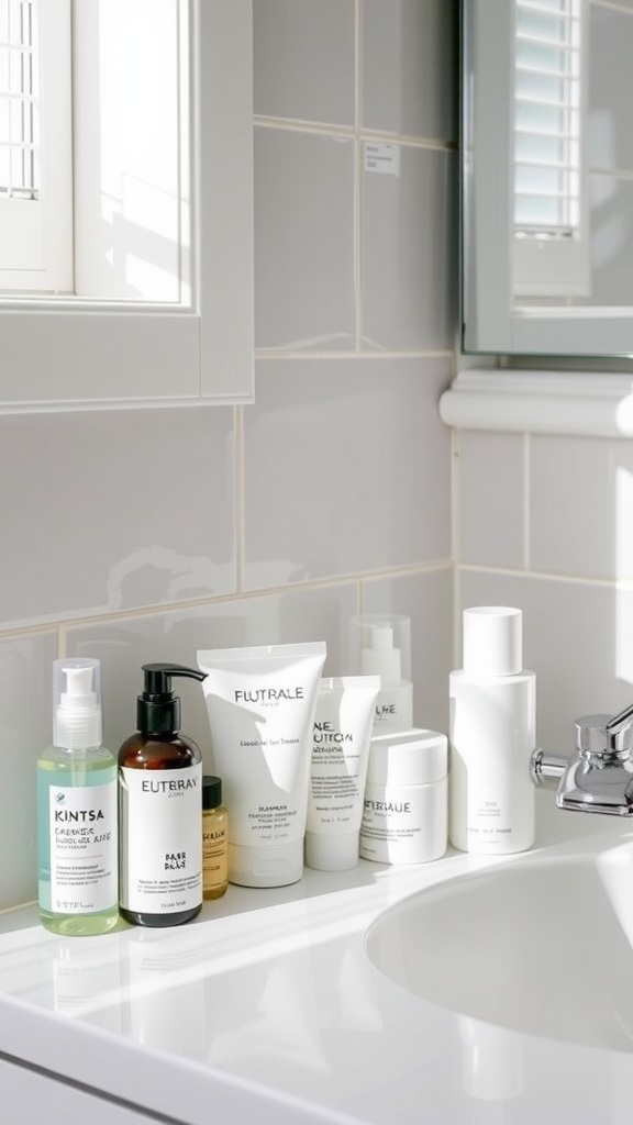 A collection of skincare products arranged on a bathroom counter, showcasing a simple cleansing routine.