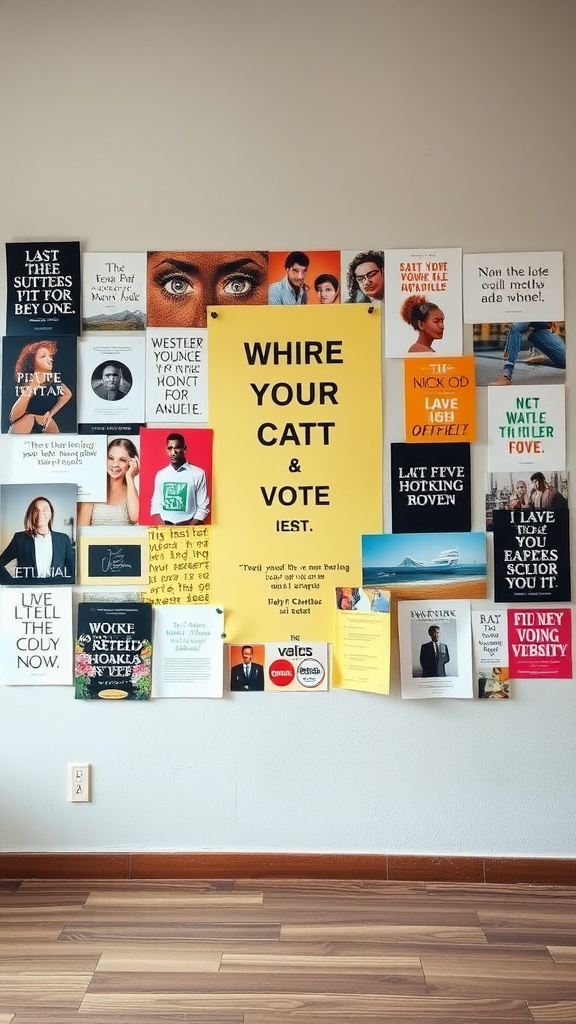 A vision board filled with motivational quotes and images, showcasing personal goals and aspirations.