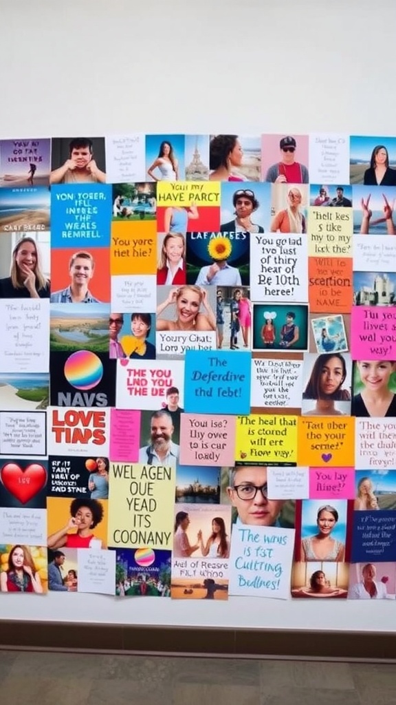 A colorful vision board filled with images and motivational quotes.
