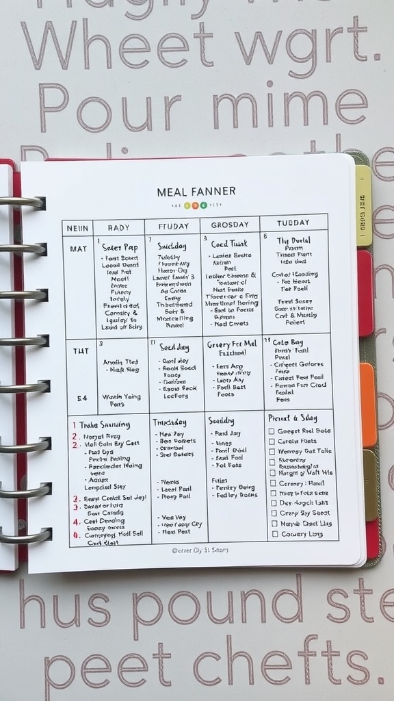A weekly meal planner with various meal options listed for each day.