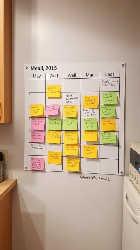 A colorful meal planning calendar with sticky notes for organizing meals.