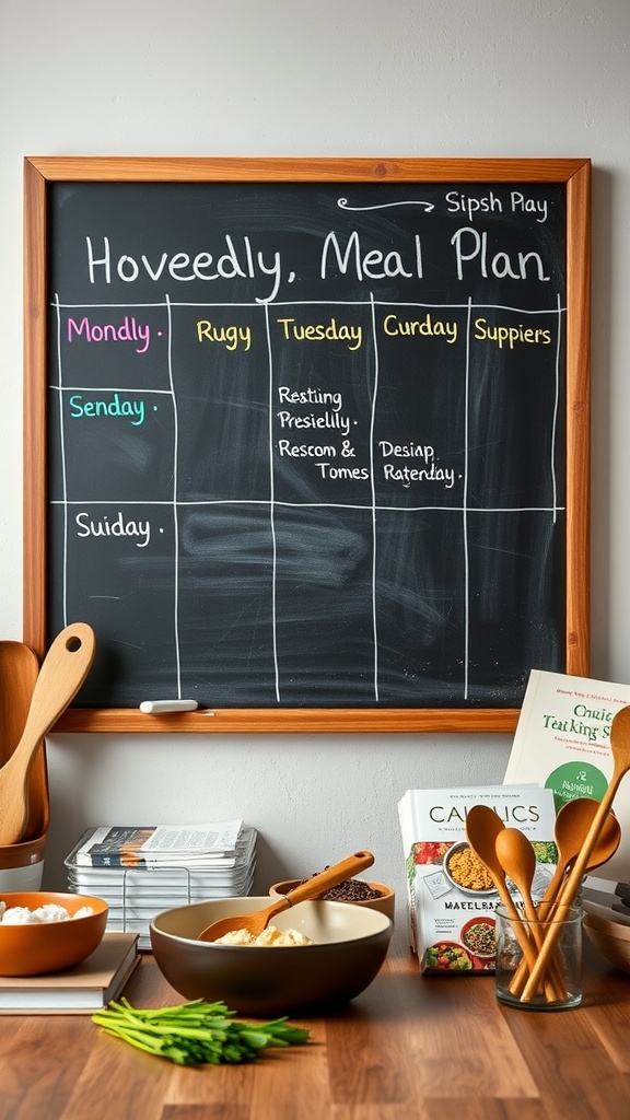 A chalkboard meal plan with days of the week and meal ideas, alongside bowls and cooking utensils.