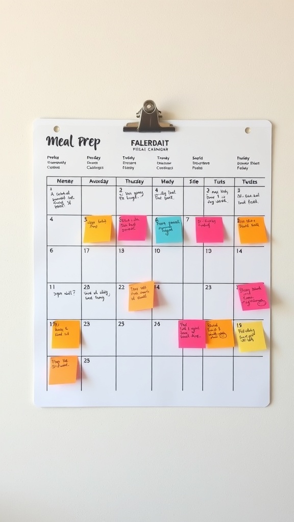 A meal prep calendar with colorful sticky notes for planning meals.