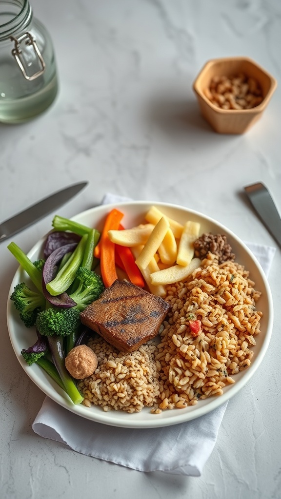 A balanced meal with brown rice, sautéed vegetables, and grilled tofu on a white plate.