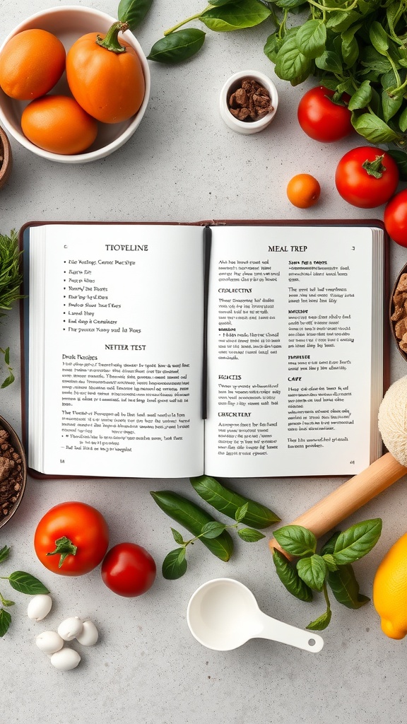 A colorful spread of fresh ingredients including tomatoes, eggs, and herbs, next to an open recipe book.