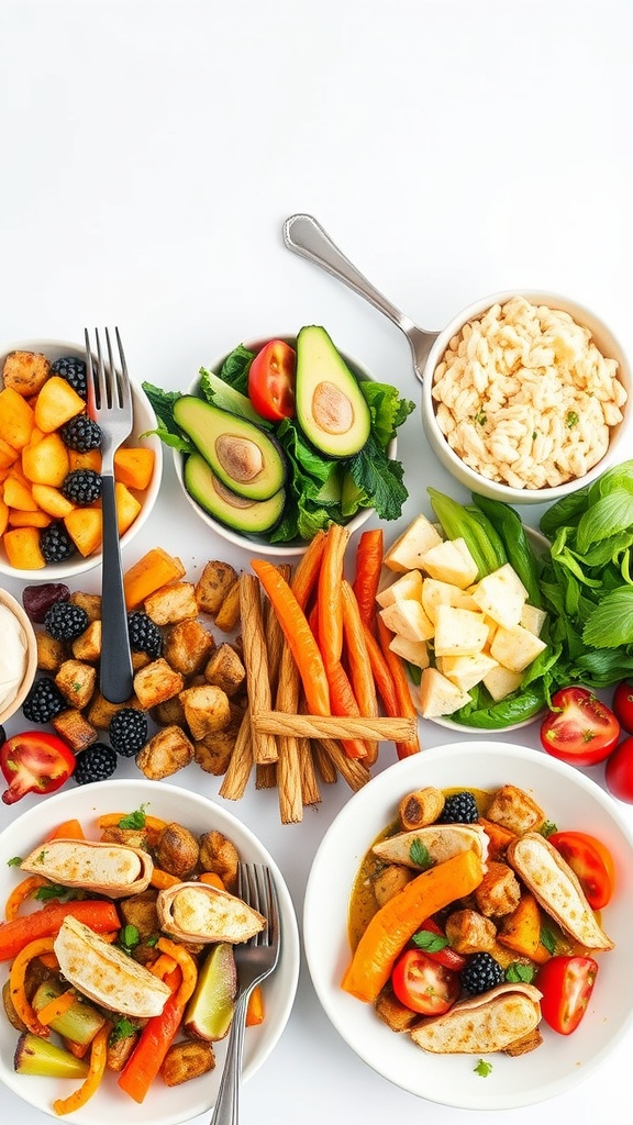 A colorful spread of various ingredients including fruits, vegetables, and cooked rice, showcasing creative leftover meal ideas.
