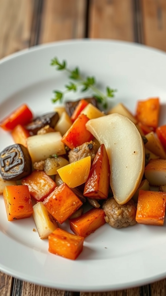 A plate of roasted vegetables and sausage, showcasing a mix of colorful ingredients.