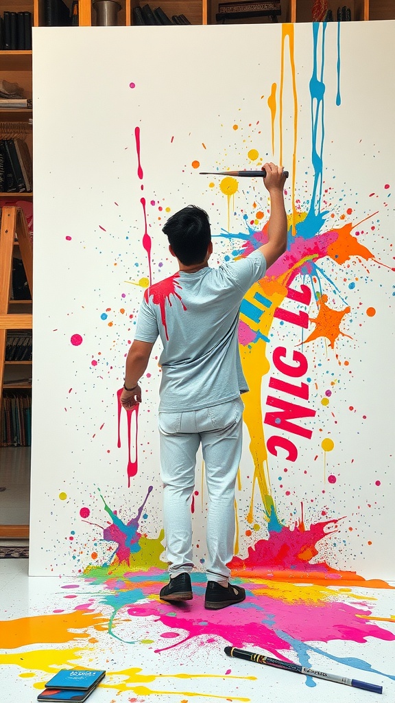 A person painting on a large canvas with splashes of color.
