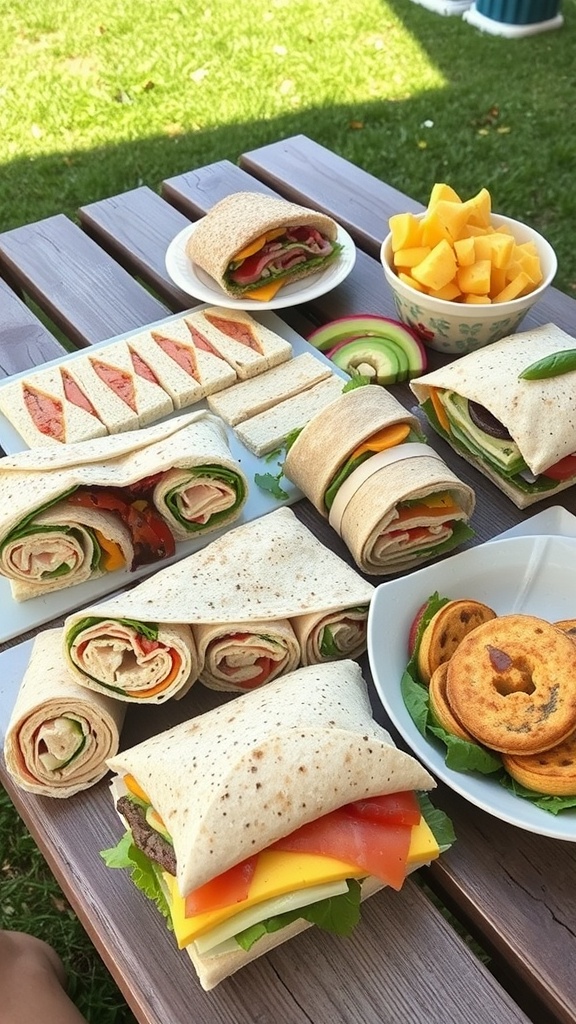 A variety of colorful wraps and sandwiches arranged on a table, with fresh fruit on the side.