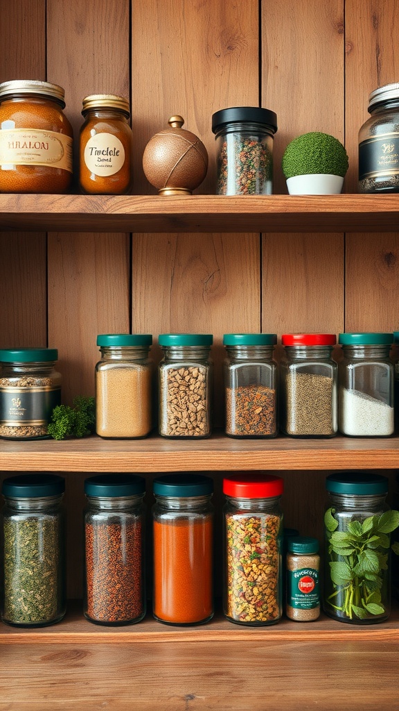 A wooden shelf filled with jars of various spices and herbs.