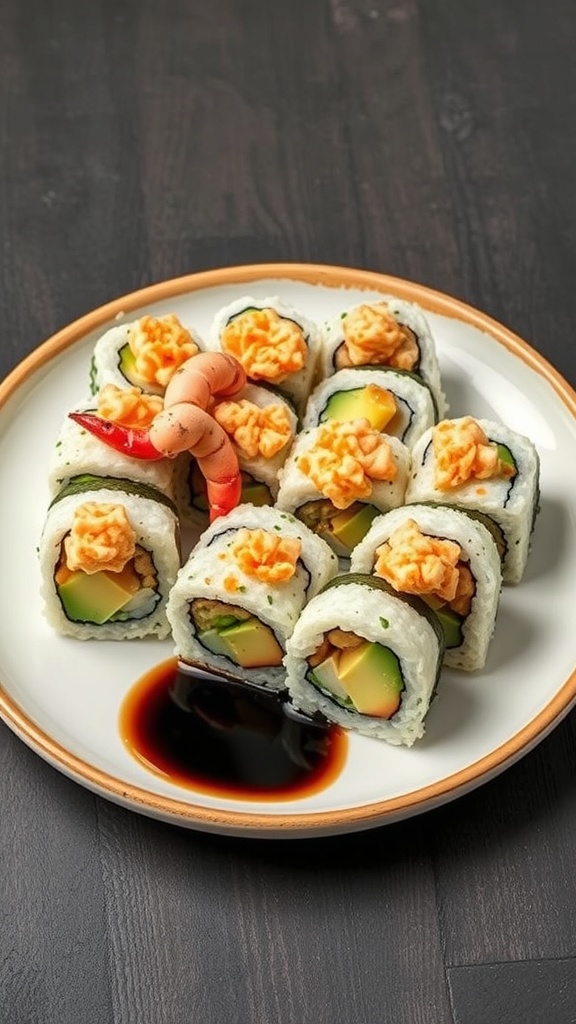 A plate of colorful sushi rolls with shrimp and spicy mayo on top, served with soy sauce.