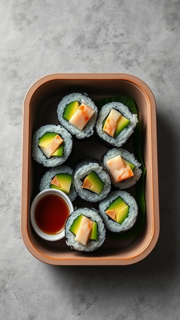 A bento box filled with sushi rolls made of avocado, crab, and rice, accompanied by soy sauce.