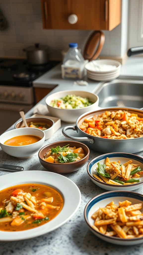 A variety of colorful dishes prepared for meal prep, including soups, salads, and pasta.