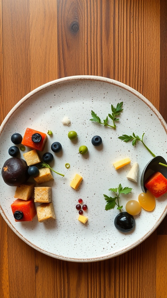 A colorful plate with various ingredients including cheese, fruits, and herbs, showcasing creative ways to use leftovers.