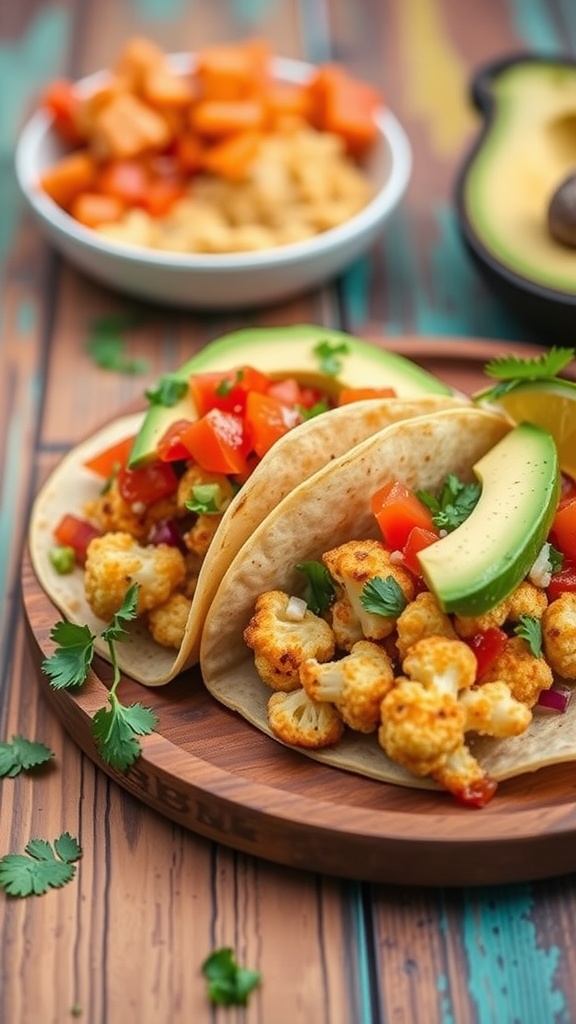 Crispy air fryer cauliflower tacos with avocado, tomatoes, and cilantro.