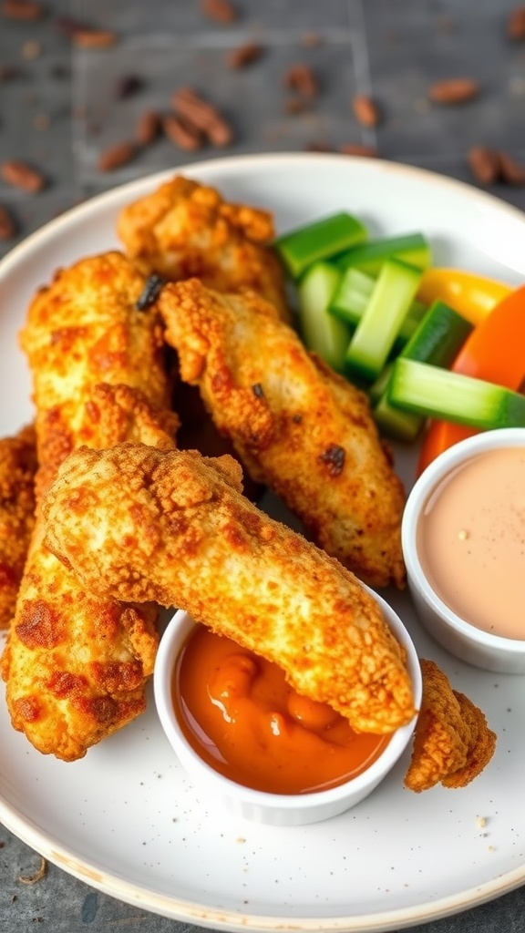 Crispy air fryer chicken tenders served with dipping sauces and fresh vegetables.