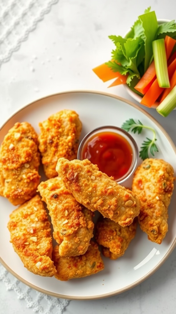 Plate of crispy air fryer chicken tenders with dipping sauce and fresh vegetables.