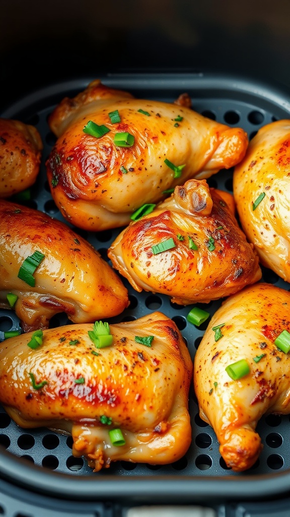 Crispy air fryer chicken thighs garnished with green onions.