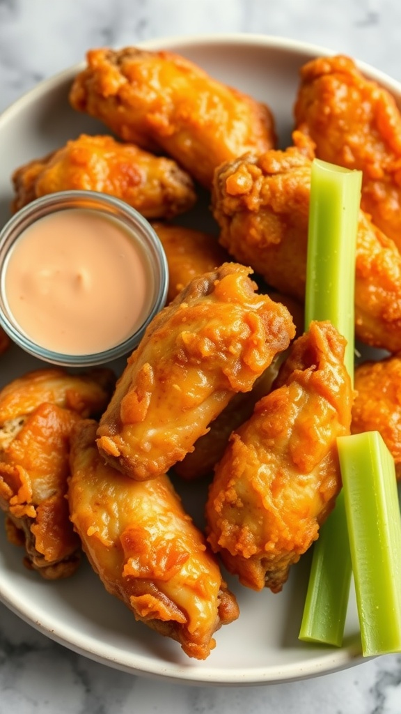 A plate of crispy air fryer chicken wings with celery sticks and a dipping sauce.